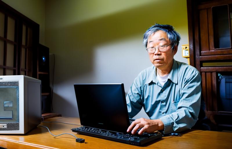 19396-3089348589-satoshi Realistic photo of  a man named satoshi and an old broken computer in a house in rural China, holding his bitcoin.png